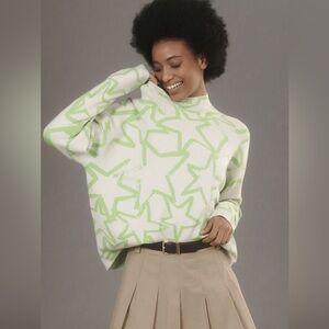 Anthropologie Maeve Carys Mock Neck Sweater in Lime Green Star - Size Large